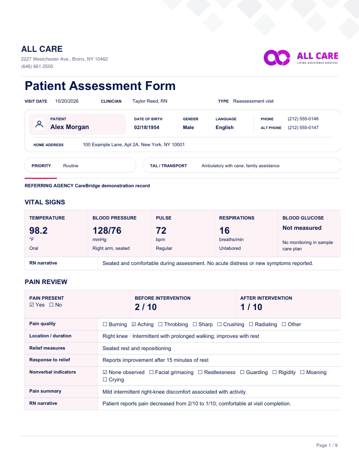 First page of Patient Assessment